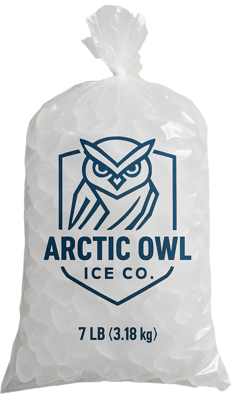 Bag of ice branded with blue Arctic Owl Ice Co. shield logo
